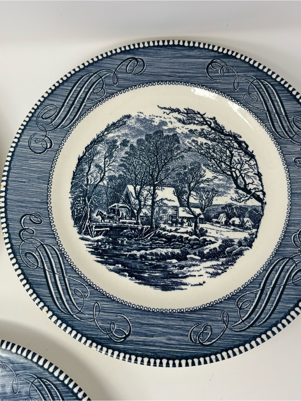 Currier & Ives Royal Blue 10" Dinner Plates Set of 3 Vintage Old Grist Mill USA - Picture 3 of 11